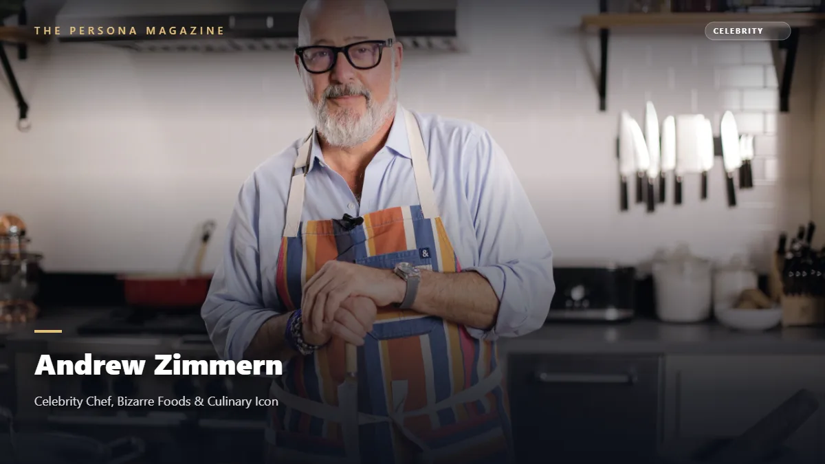 Chef Andrew Zimmern in a vibrant professional artisan kitchen
