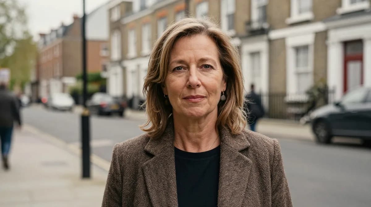 Portrait of a Scottish woman in her 50s on a quiet London street, candid style, muted earth tones