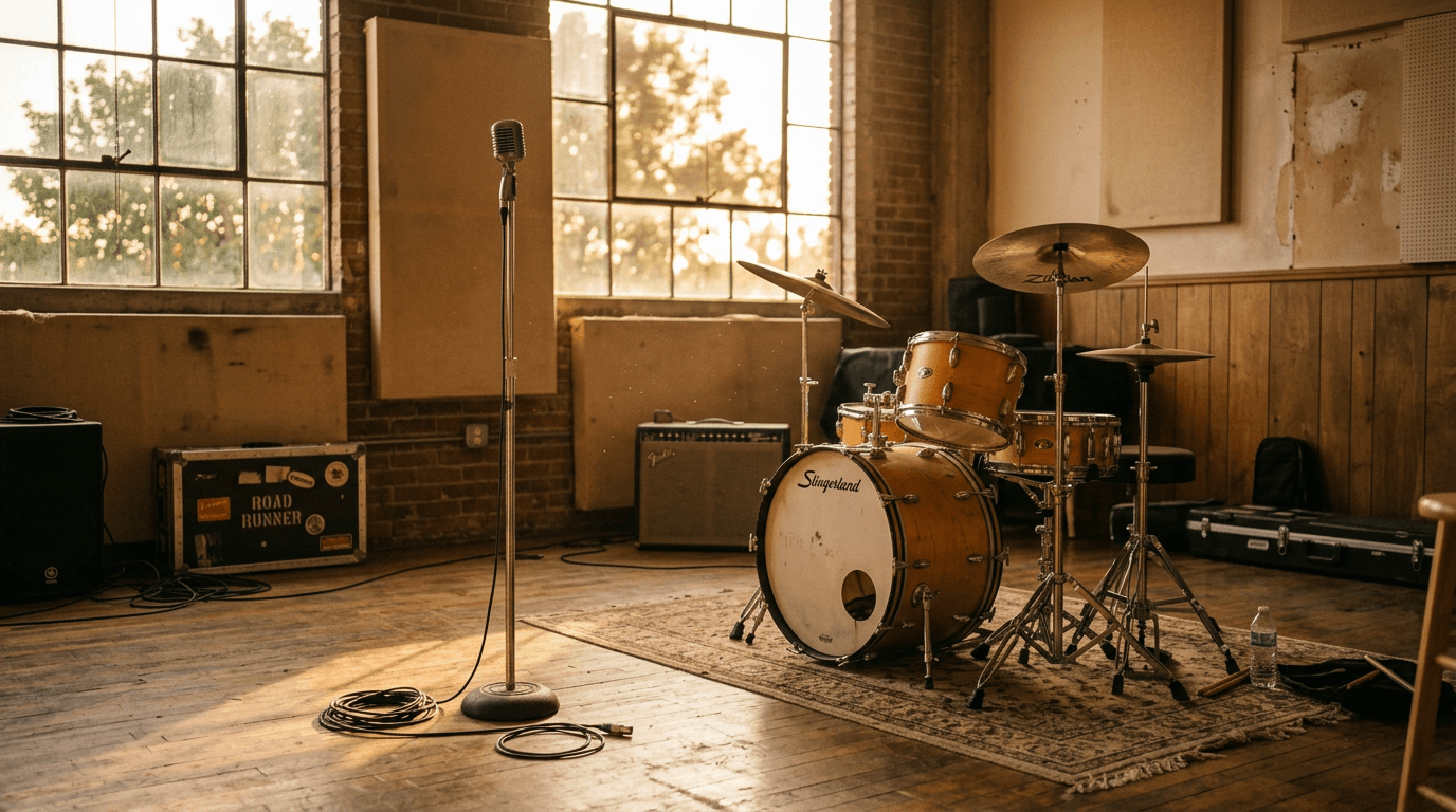An empty rehearsal room with a vintage drum kit, lit by late afternoon sun through high windows