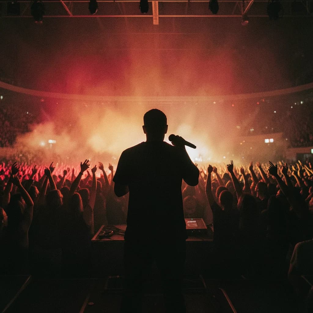 Image of a silhouetted rapper on stage facing a packed crowd with raised arms