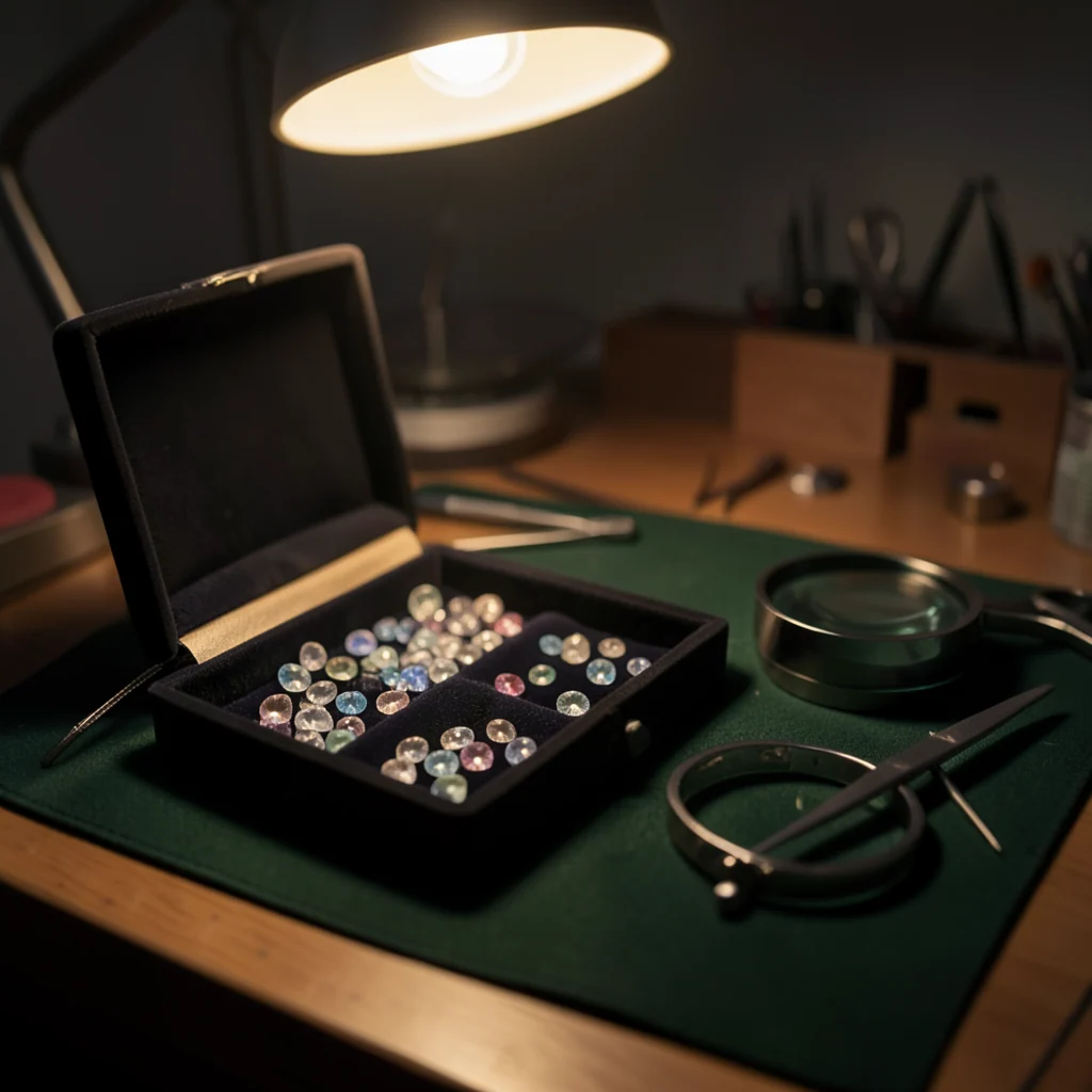 Image of a jeweller's bench with a velvet tray of loose gemstones under a lamp