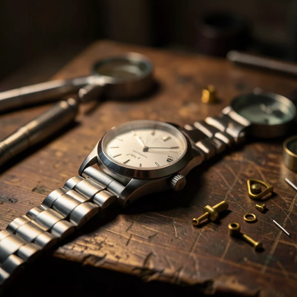 Image of a polished steel wristwatch on a watchmaker's workbench