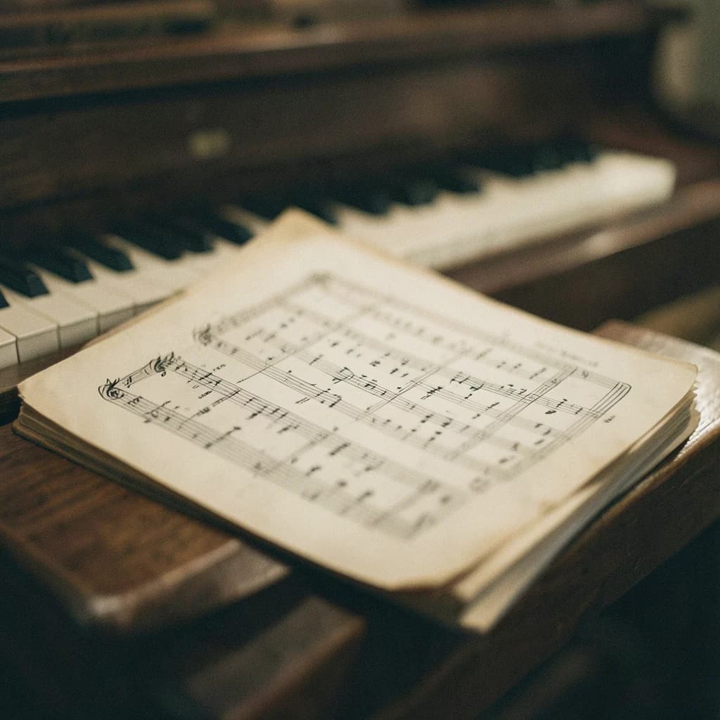 Image of a vintage music score resting on a wooden piano bench