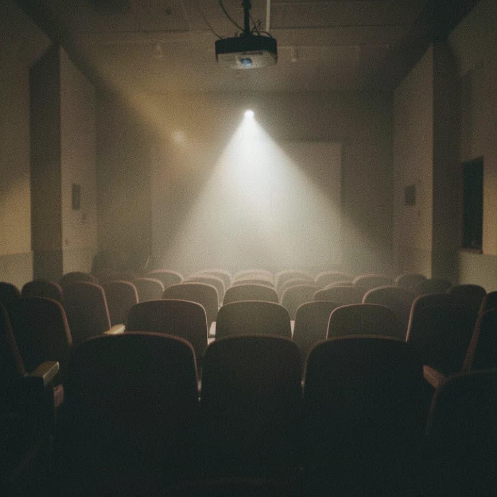 Image of an empty home cinema with a projector beam in the air