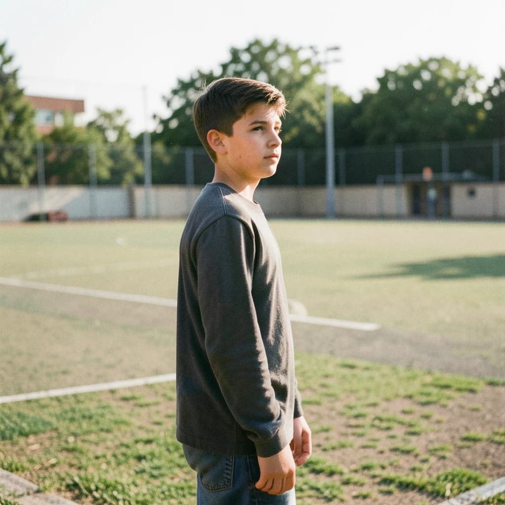 Image of a teenage boy standing at the edge of a sunlit sports field