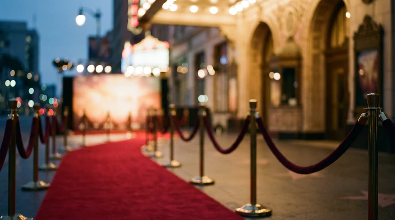 Image of an empty film premiere red carpet at dusk