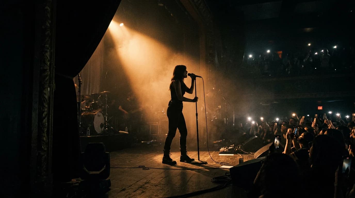 Image of a singer silhouetted in a spotlight with raised phones in a dark crowd