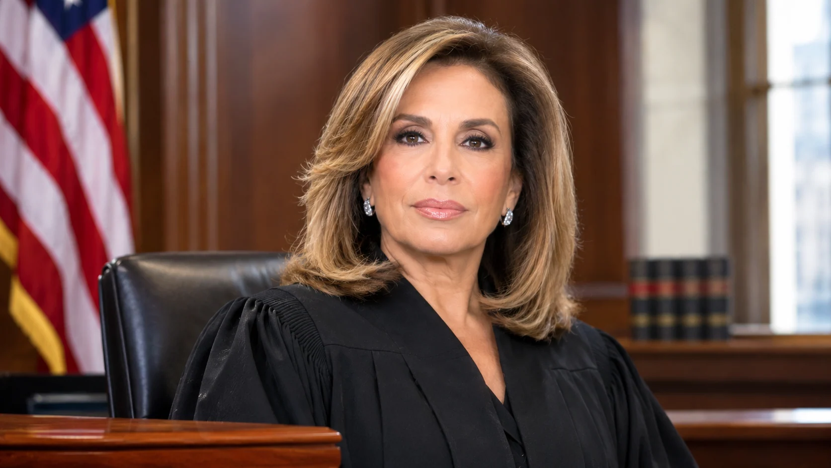 Illustrative portrait of Judge Jeanine Pirro in a black judicial robe, known for her legal career and Lebanese-American family background.