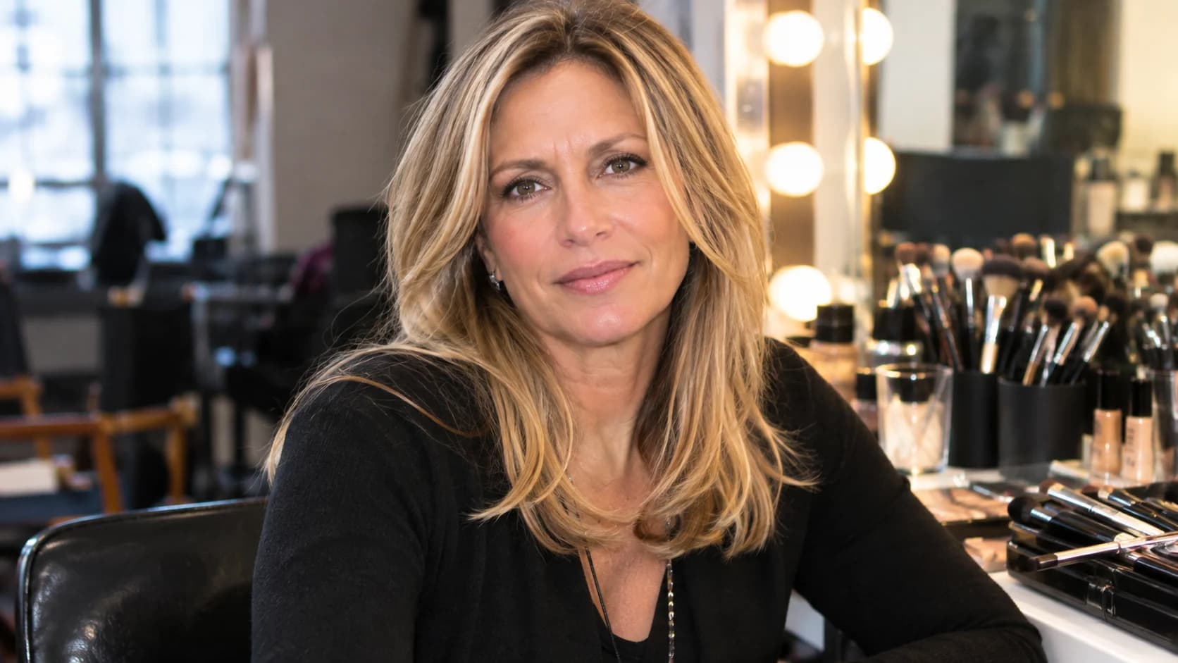 Illustrative portrait of Tania Ribalow, makeup artist and wife of actor Joseph Sikora, at a professional film and television makeup station.