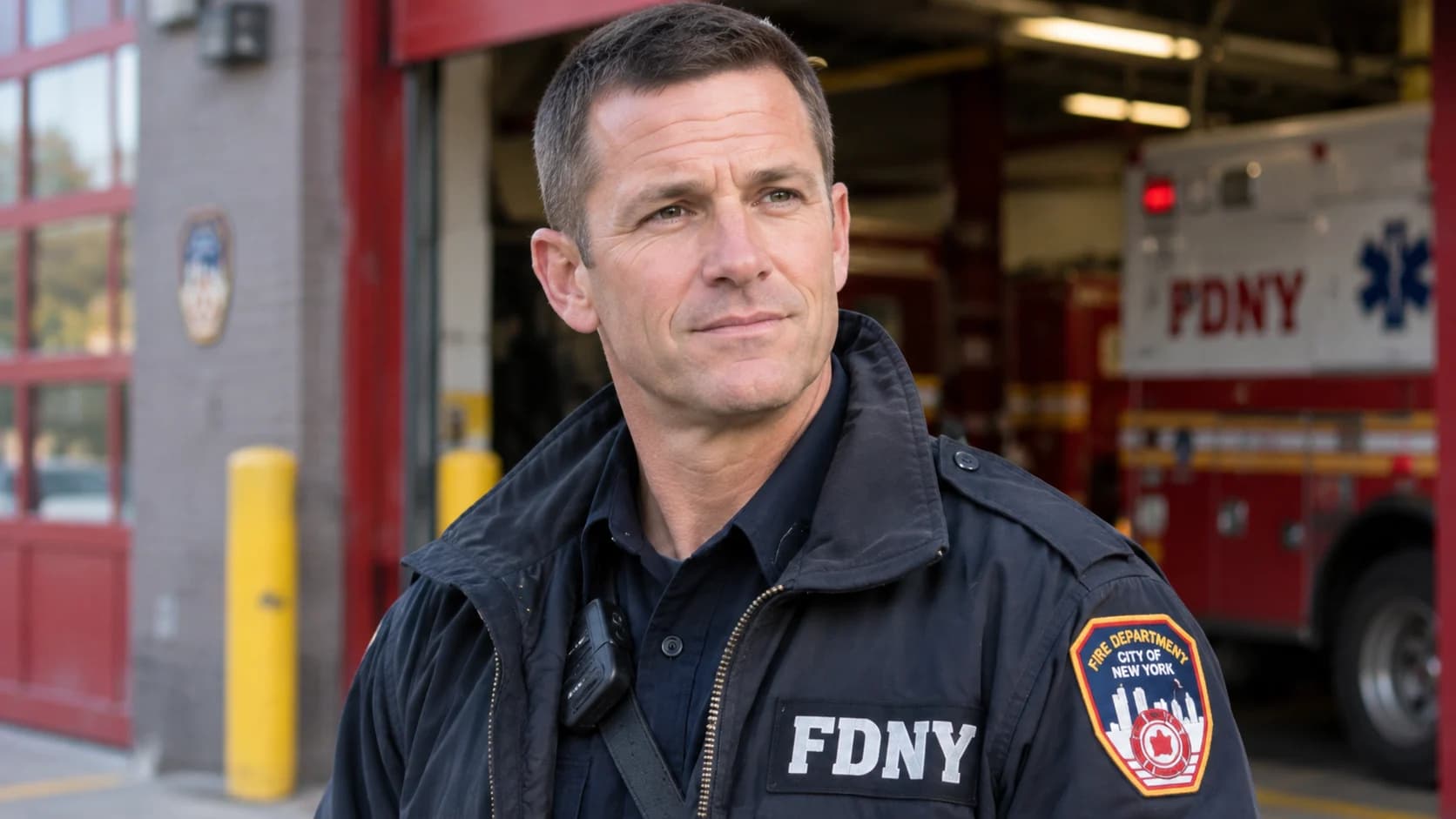 Illustrative portrait representing Bryan Spies, FDNY paramedic and husband of Blue Bloods actress Abigail Hawk, outside a New York fire station.