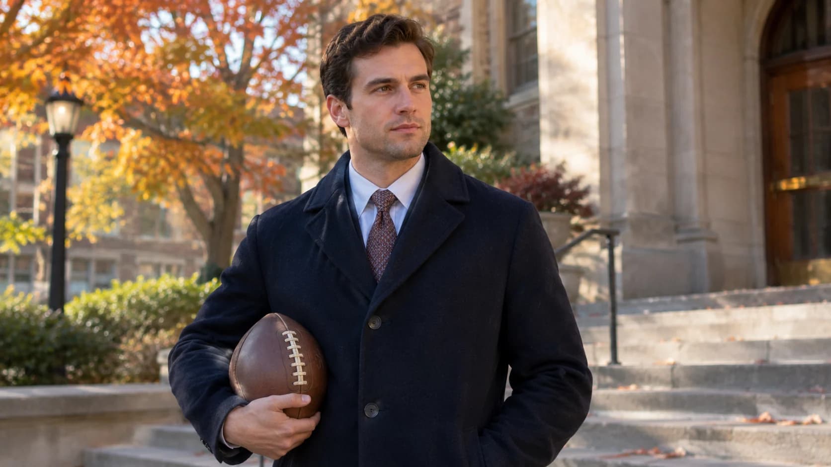 Editorial-style illustration of a man holding a football on university steps in autumn, representing Peter Buchignani’s Princeton football background.