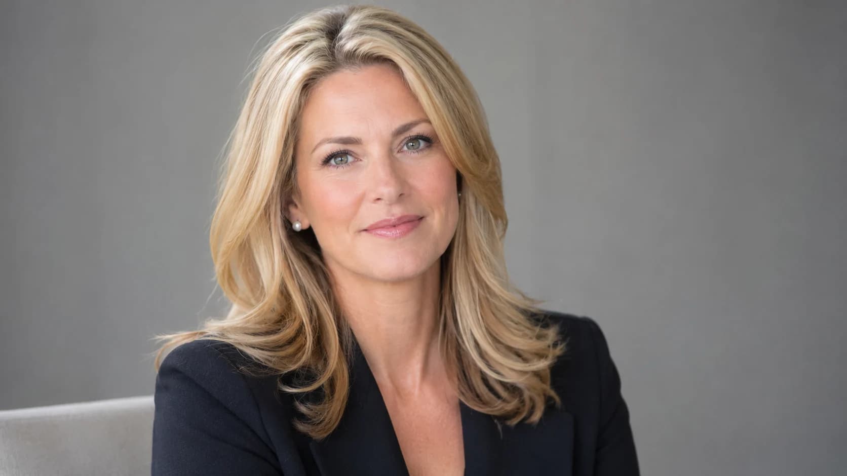 Illustrative studio portrait of a blonde woman in a dark blazer against a neutral gray background, representing Maureen E. McPhilmy.