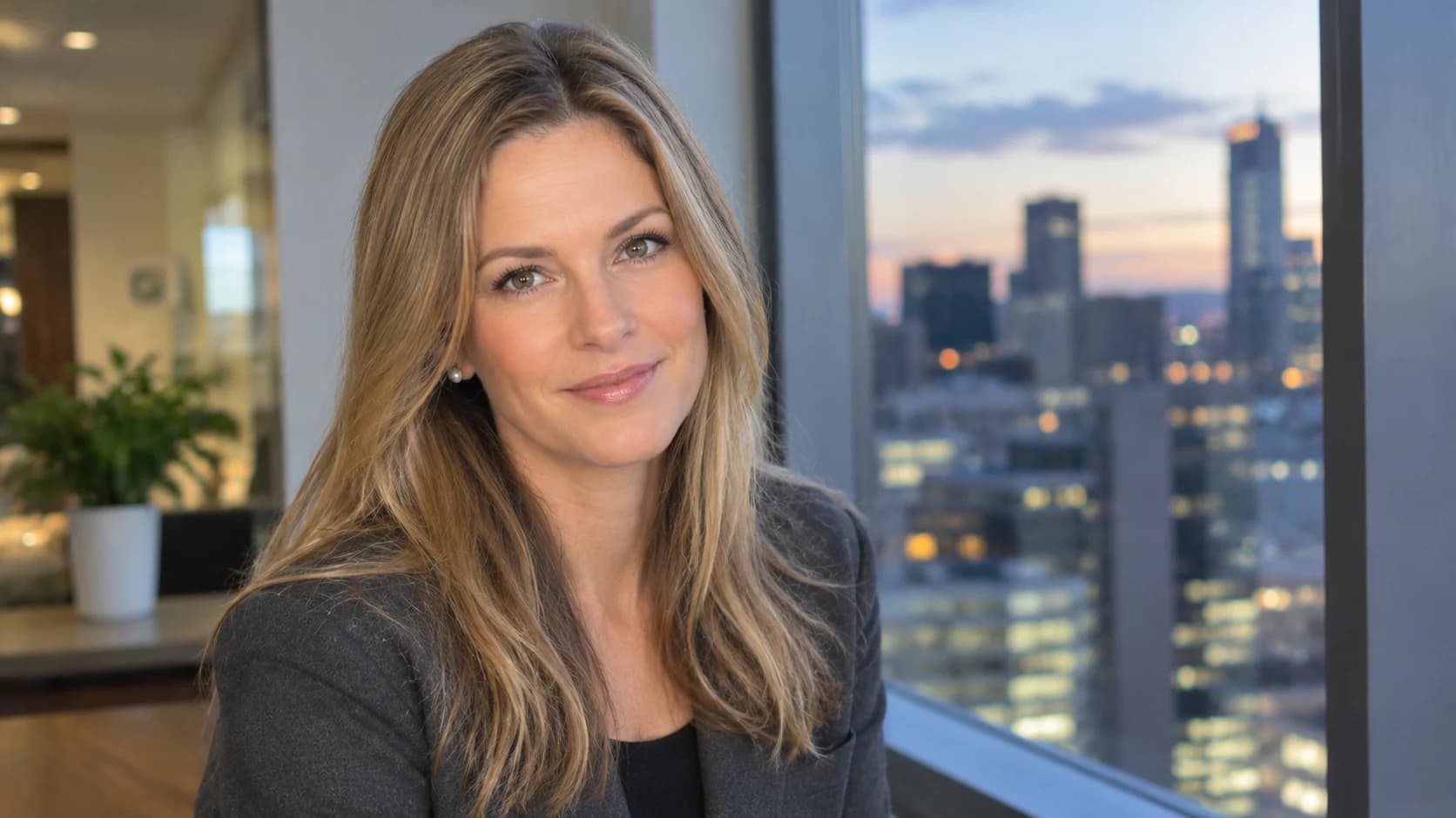 Illustrative portrait of a blonde woman in a charcoal blazer beside a modern office window at dusk, representing Kelsy Ully’s professional background.