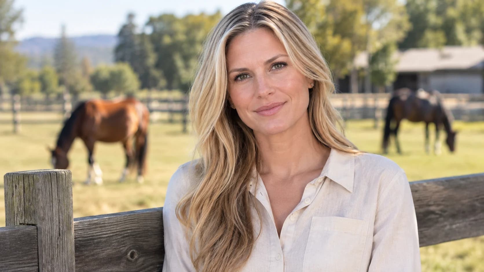 Illustrative portrait of a blonde woman standing beside a wooden fence in a sunny field with horses in the background.
