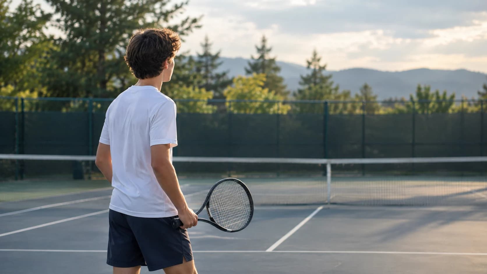 Illustrative image of a teenage tennis player standing on an outdoor court at sunset.