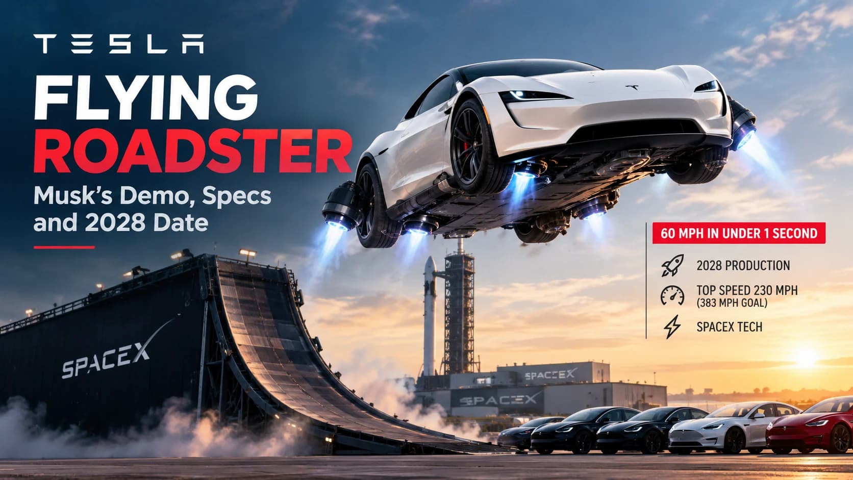 Tesla Flying Roadster concept hovering with rocket thrusters at a SpaceX facility, highlighting its claimed speed, features, and 2028 production target.