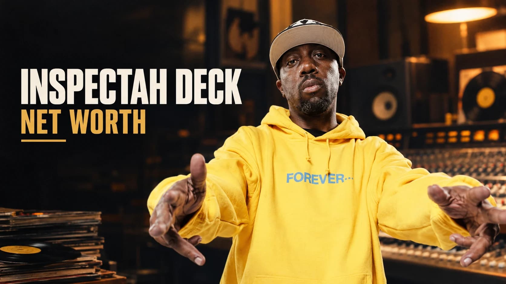 Inspectah Deck in a yellow hoodie and cap in a recording studio, featured in an article about his net worth and Wu-Tang Clan earnings.