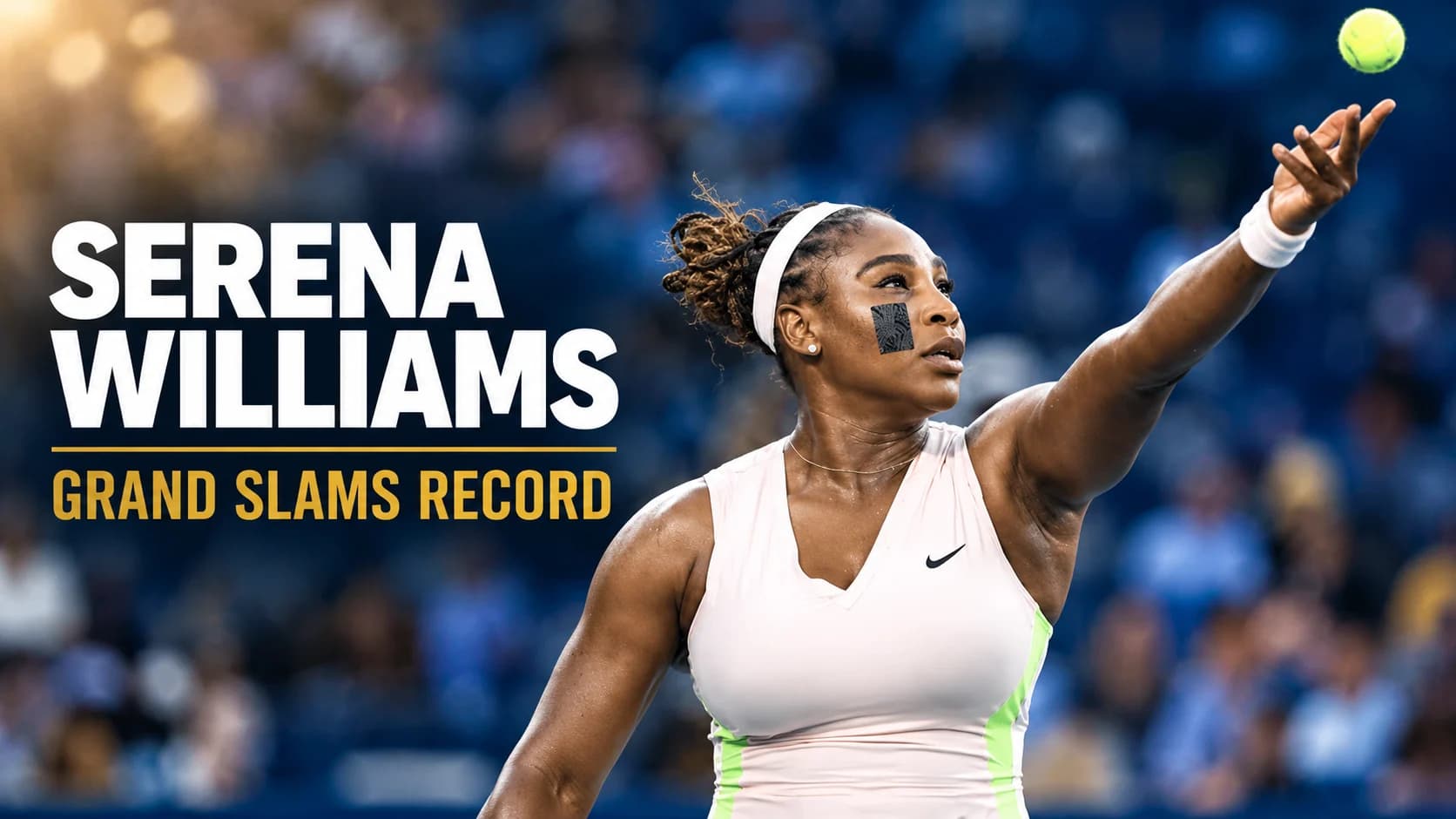 Serena Williams serving on the tennis court, featured in a guide to her 23 Grand Slam singles titles and 39 major titles across all formats.