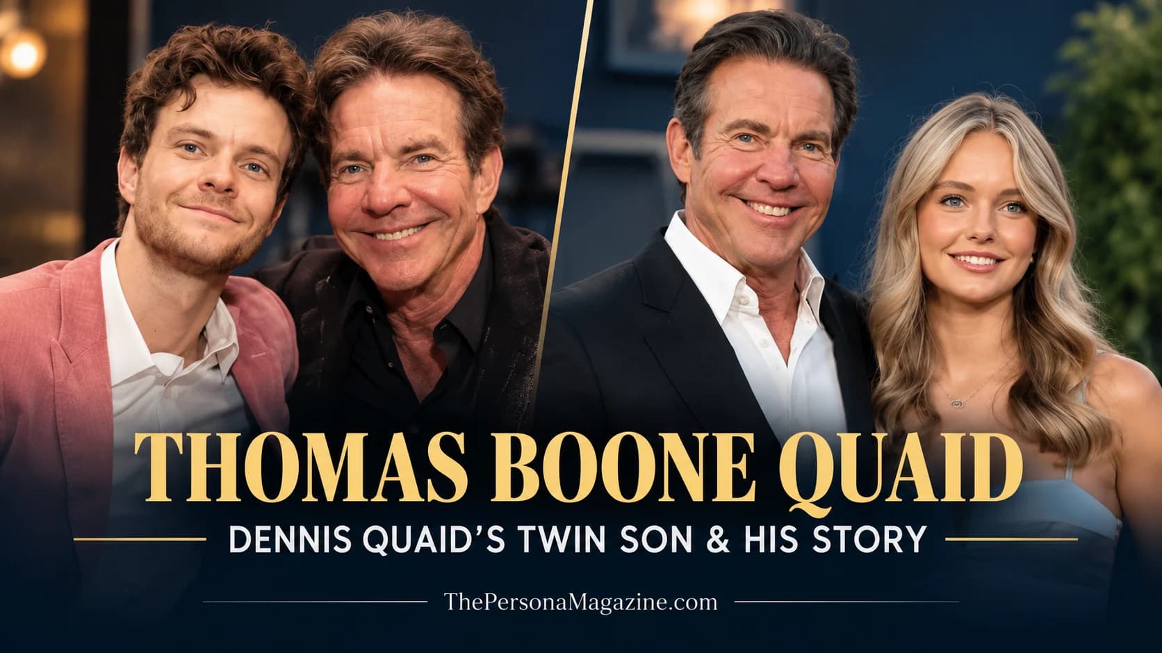 Quaid with family members in a magazine-style feature image for Thomas Boone Quaid’s biography and twin story.