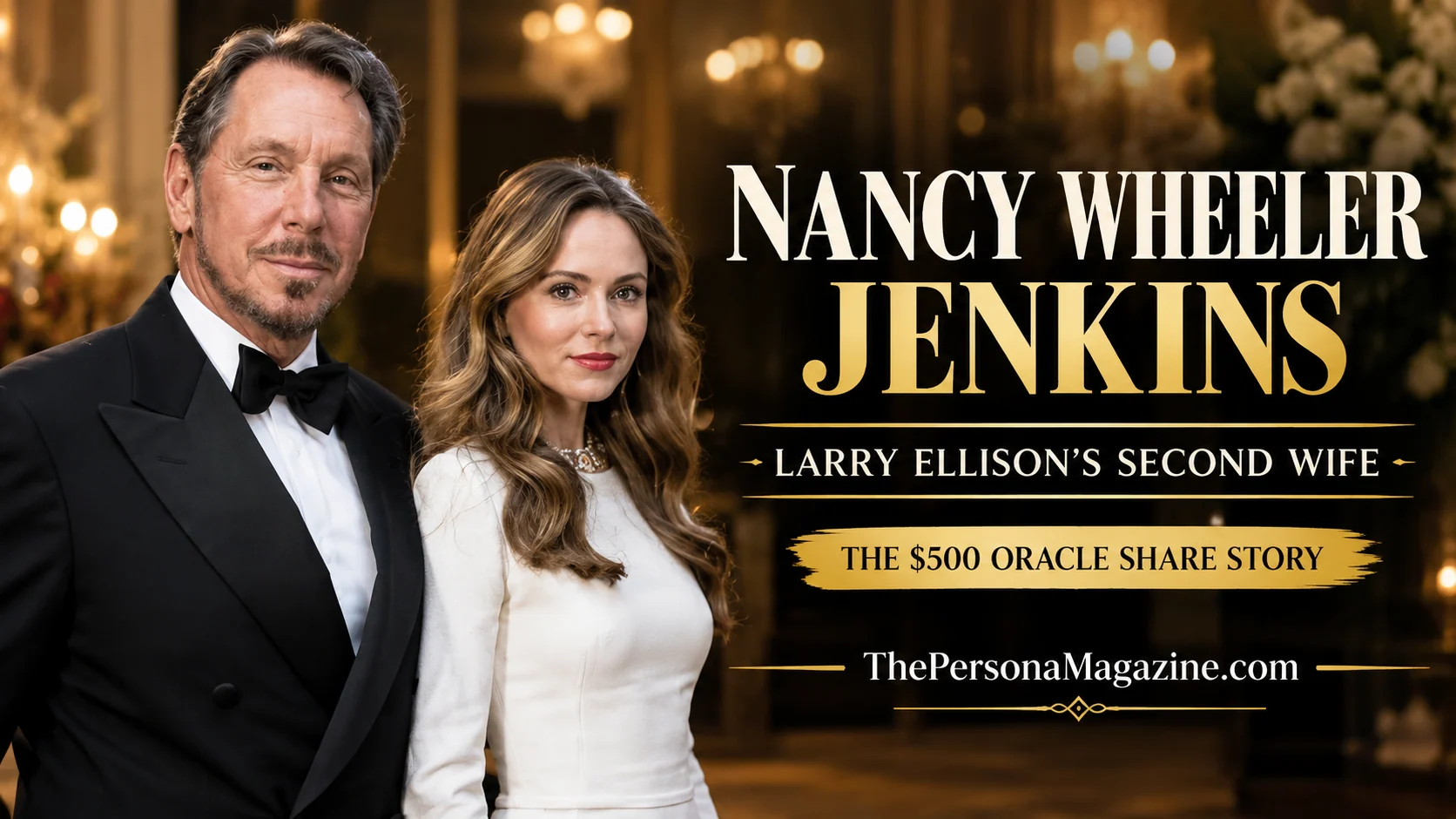 Editorial-style illustration of Larry Ellison and Nancy Wheeler Jenkins for a biography about their marriage and the $500 Oracle share sale.