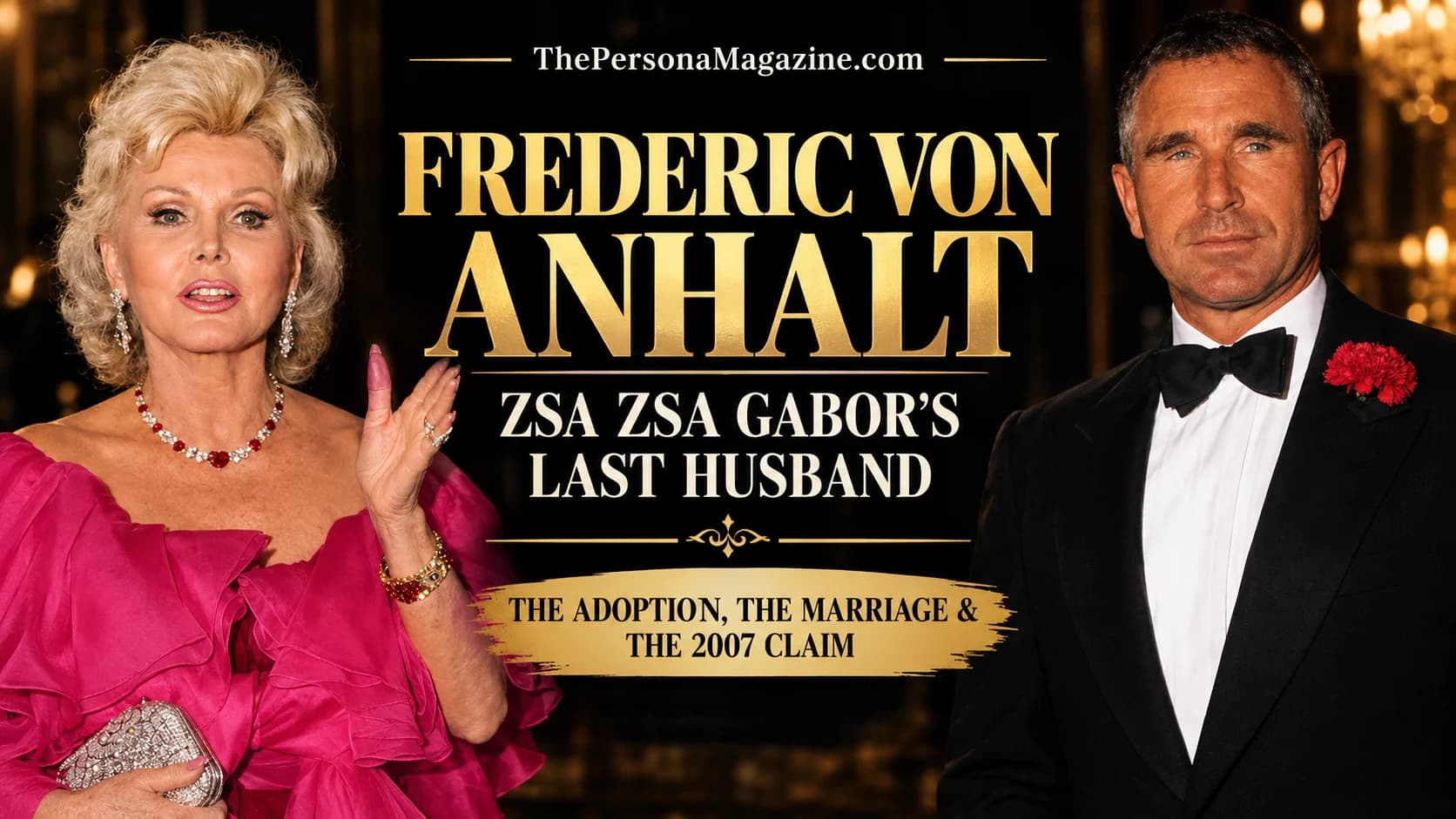 Frederic von Anhalt and Zsa Zsa Gabor in a formal portrait-style composition for a biography about their marriage and his life story.