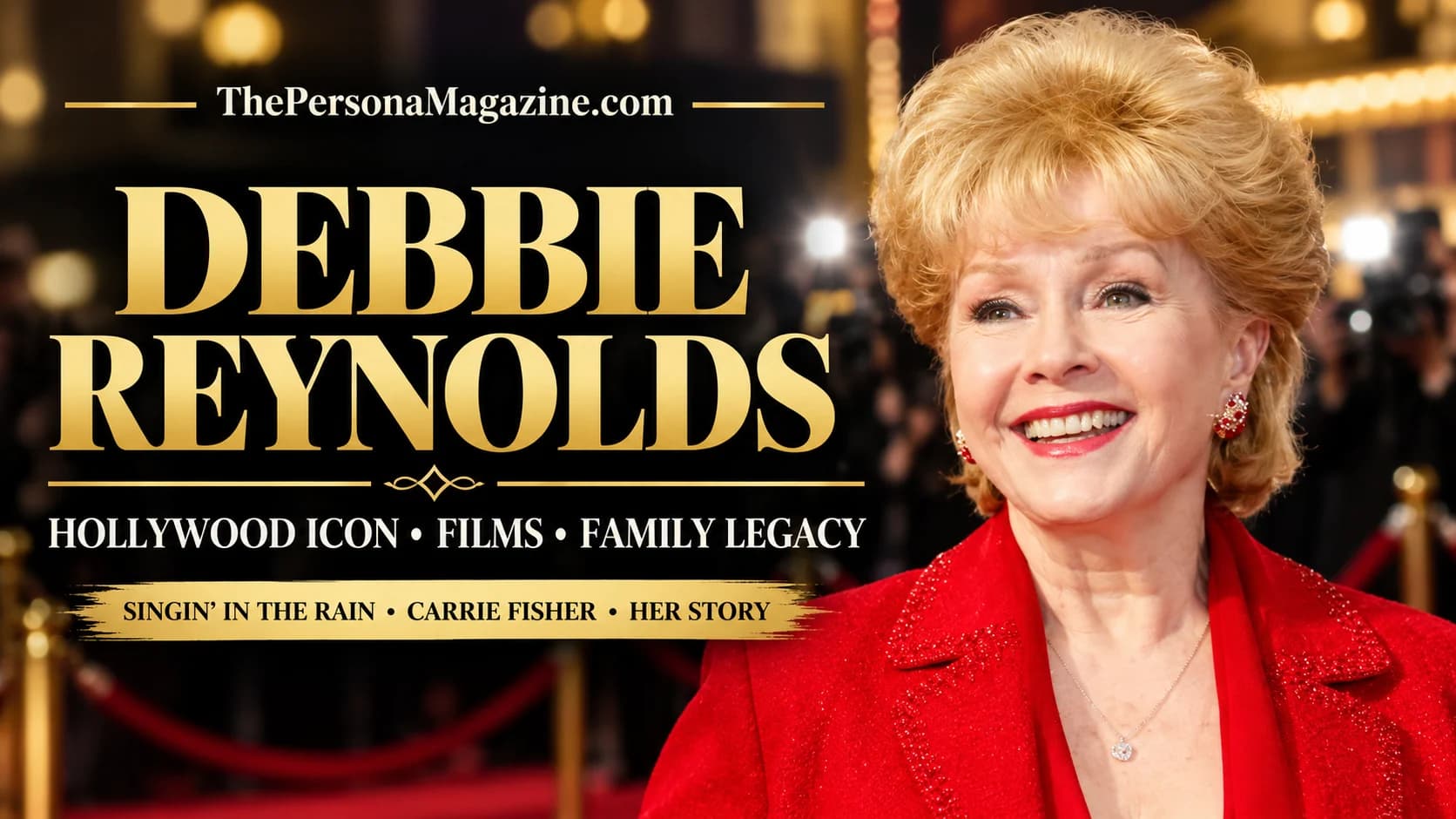 Debbie Reynolds in a red outfit in a Hollywood-inspired editorial portrait, featured in a biography about her films, marriages, and daughter Carrie Fisher.