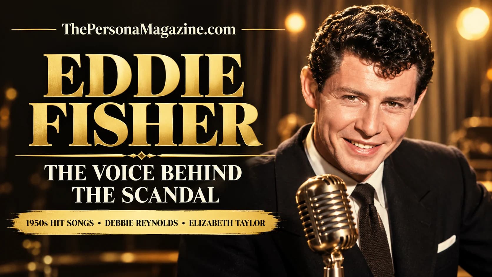 Eddie Fisher in a vintage-inspired singer portrait with a classic microphone, featured in a biography about his 1950s hit songs, marriages, and Hollywood scandal.
