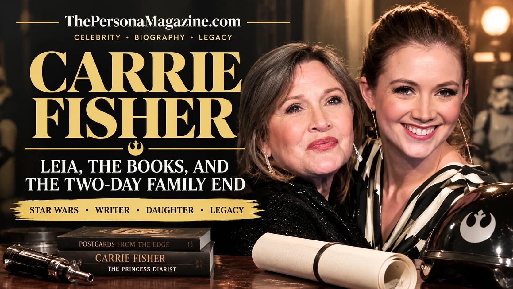 Carrie Fisher and her mother Debbie Reynolds in an editorial-style portrait for a biography about Princess Leia, her books, family, and legacy.