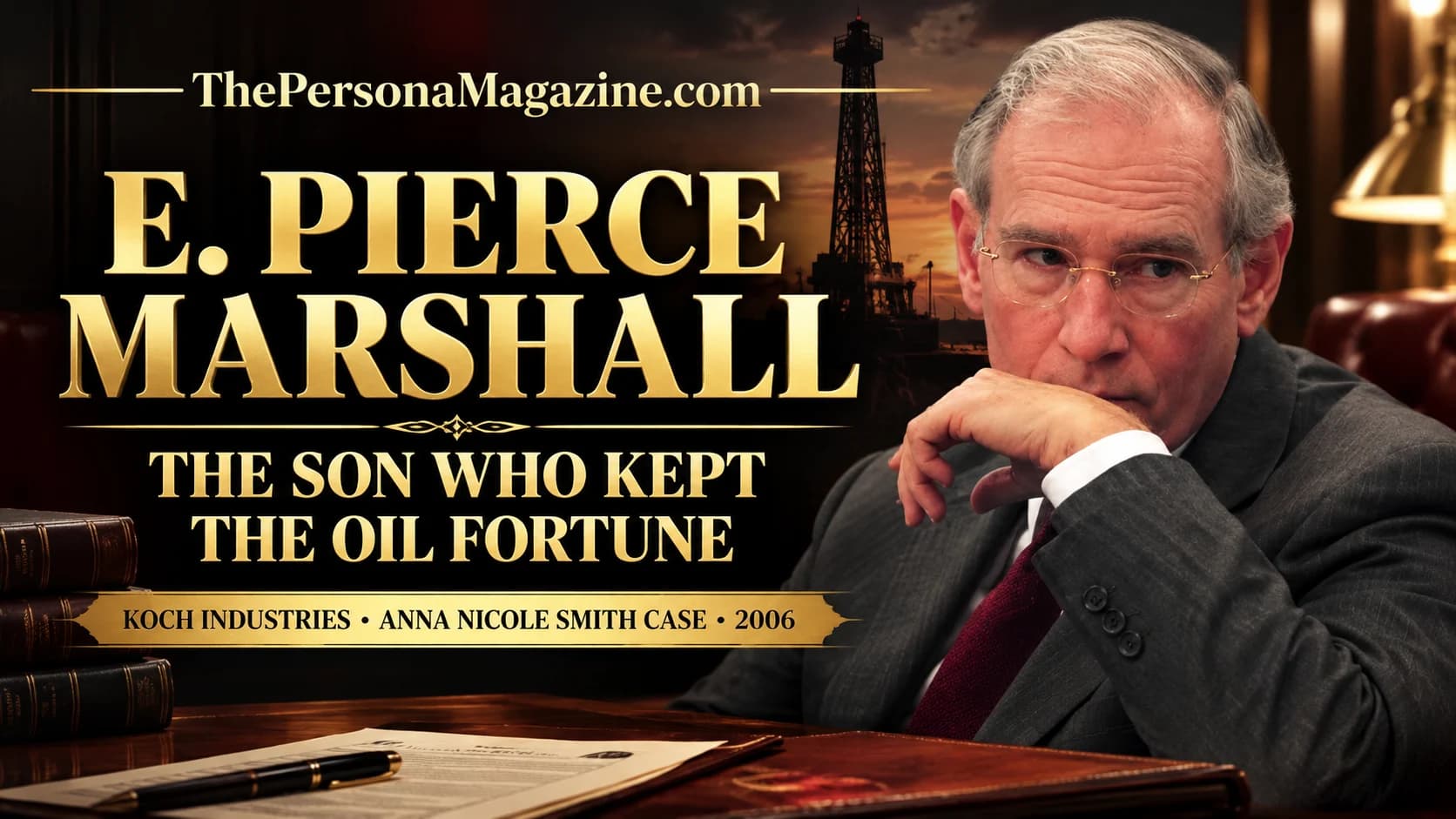 . Pierce Marshall in a suit and glasses, featured in an editorial-style biography about the Marshall family fortune, Koch Industries stake, and Anna Nicole Smith estate litigation.