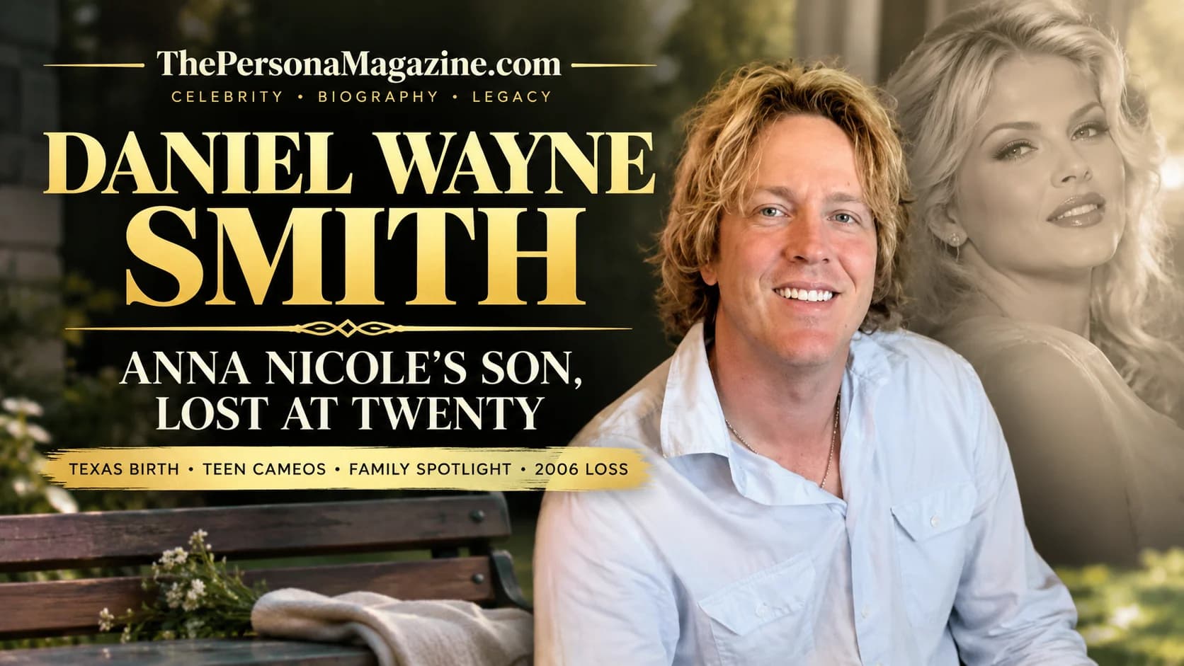 Daniel Wayne Smith and Anna Nicole Smith in an editorial-style tribute image for a biography about his life, family background, screen appearances, and death in 2006.