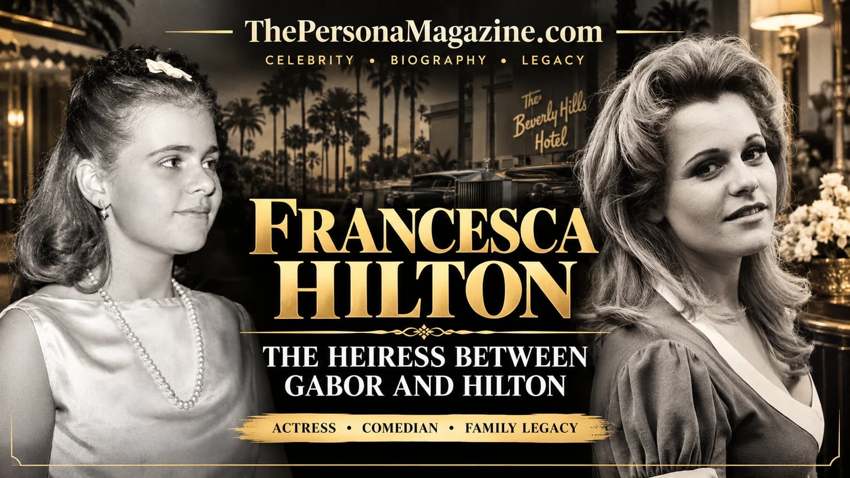Francesca Hilton as a young girl and adult in a vintage Hollywood-style editorial image about her parents, Conrad Hilton and Zsa Zsa Gabor, acting career, and family legacy.