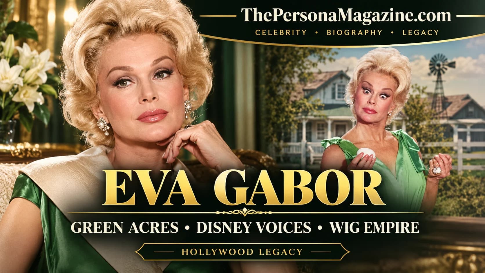 Eva Gabor in a glamorous vintage Hollywood-style portrait alongside a Green Acres-inspired farm scene, highlighting her television career, Disney voice roles, and hair-products business.