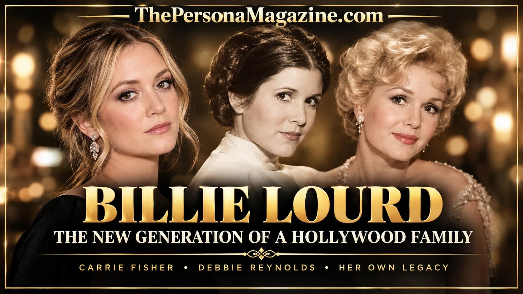 Billie Lourd alongside editorial-style portraits of Carrie Fisher and Debbie Reynolds, highlighting three generations of Hollywood family history.