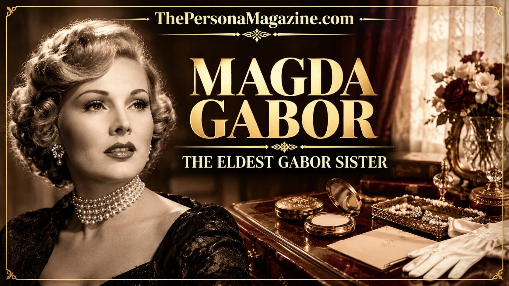 Vintage Hollywood-style portrait inspired by Magda Gabor, with pearl jewelry and an antique dressing table, representing her Hungarian film career and Gabor family legacy.