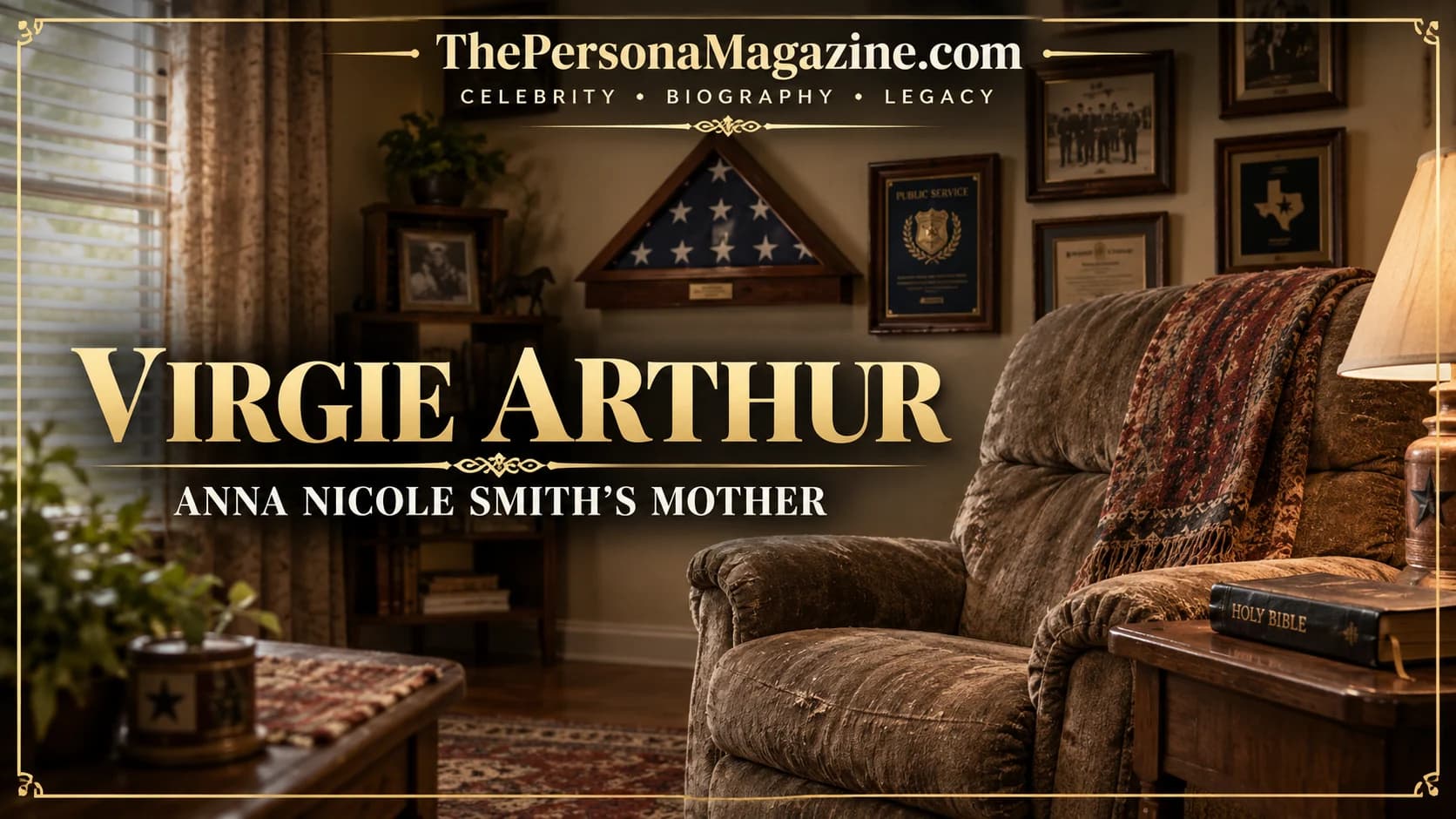 Editorial illustration of a Texas living room with a folded American flag display, public-service plaques, a recliner, and family keepsakes, representing Virgie Arthur’s law-enforcement career and family history.