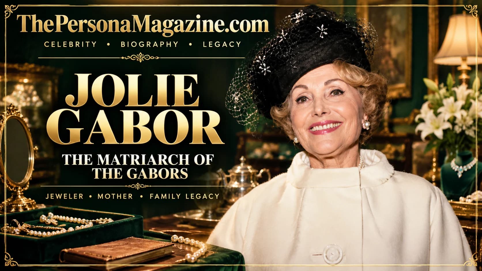 Jolie Gabor-inspired editorial portrait in a cream coat and black veiled hat, set in a vintage jewelry salon with pearl displays and gold décor.