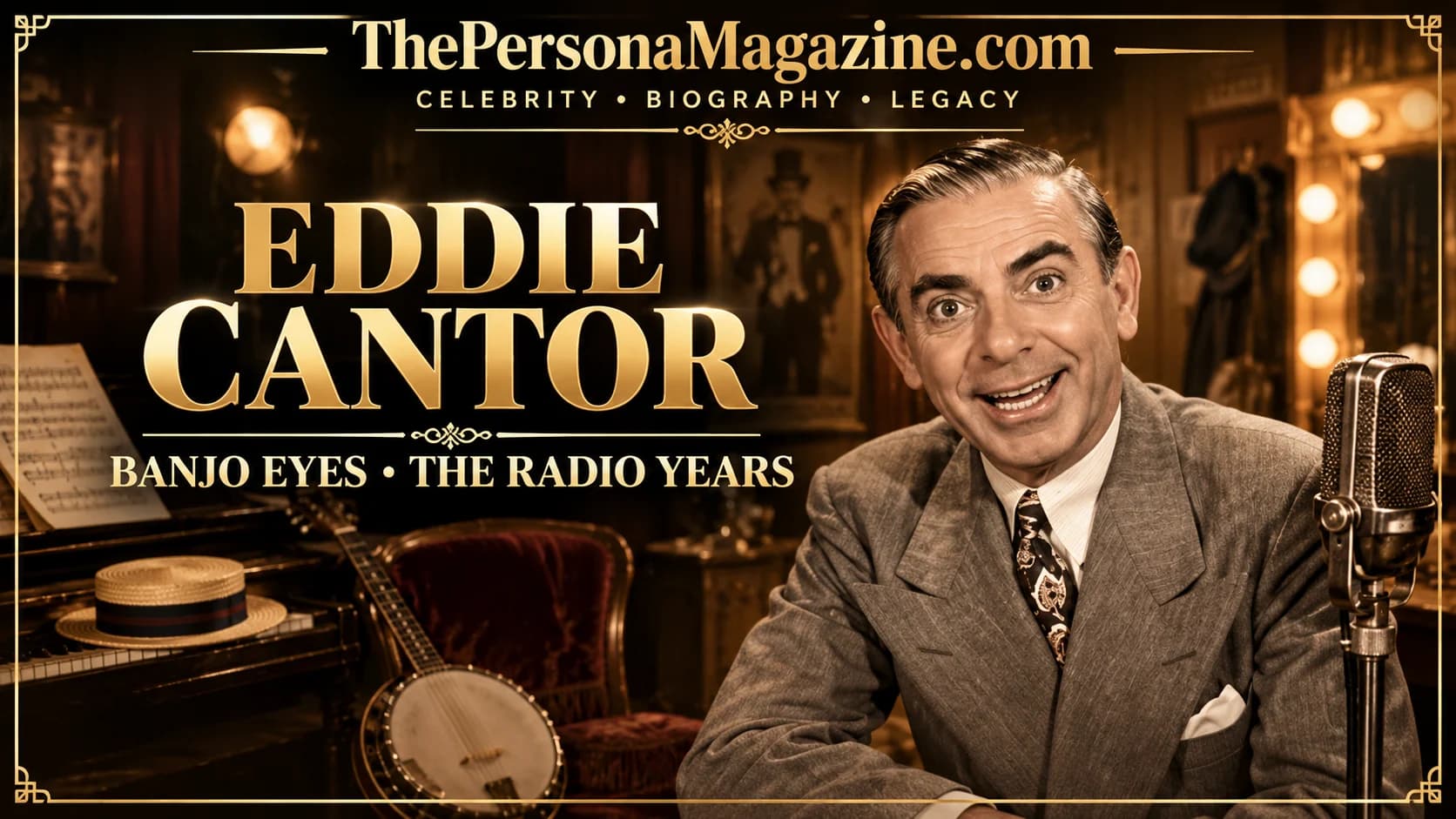Eddie Cantor in a vintage-style suit beside a classic radio microphone, with a banjo, sheet music, and vaudeville dressing-room details in a sepia-gold editorial scene.