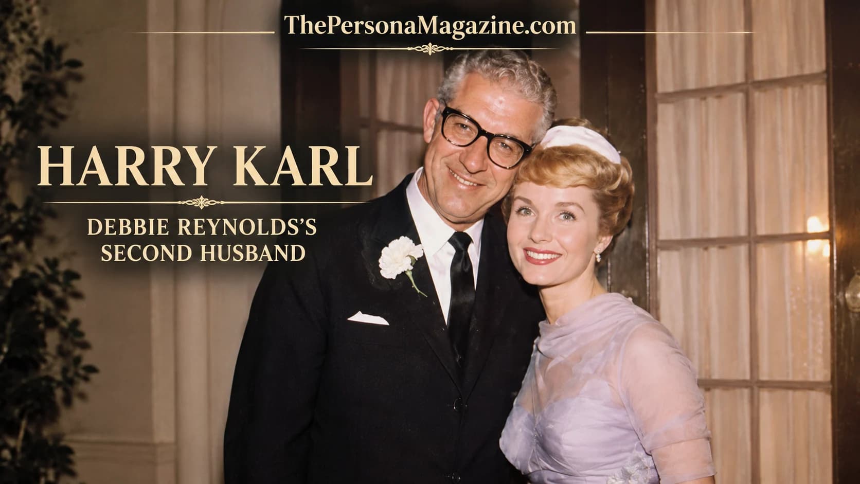 Harry Karl and Debbie Reynolds in a vintage Hollywood-style editorial portrait, featured in a biography about their marriage, shoe-store business, family life, and financial troubles.