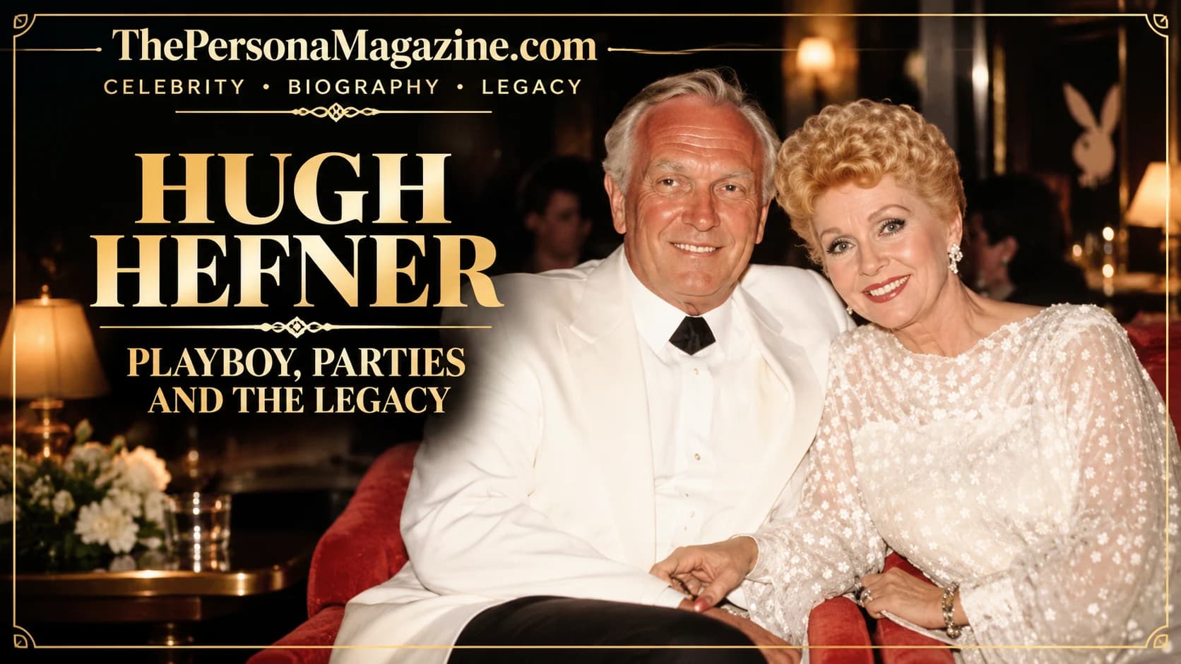 Hugh Hefner in a white tuxedo seated beside a blonde woman in an ivory evening gown at an elegant vintage lounge, in an editorial feature exploring Playboy’s founder, celebrity parties, relationships, and cultural legacy.
