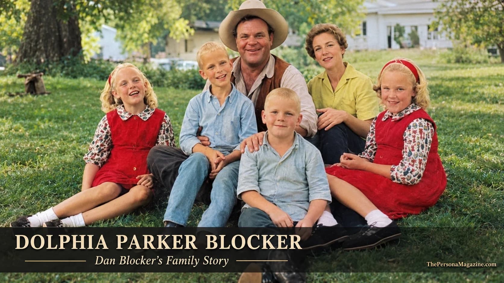Dolphia Parker Blocker with her husband Dan Blocker and their four children in a vintage family portrait, featured in a biography about the Bonanza actor’s wife and family life.