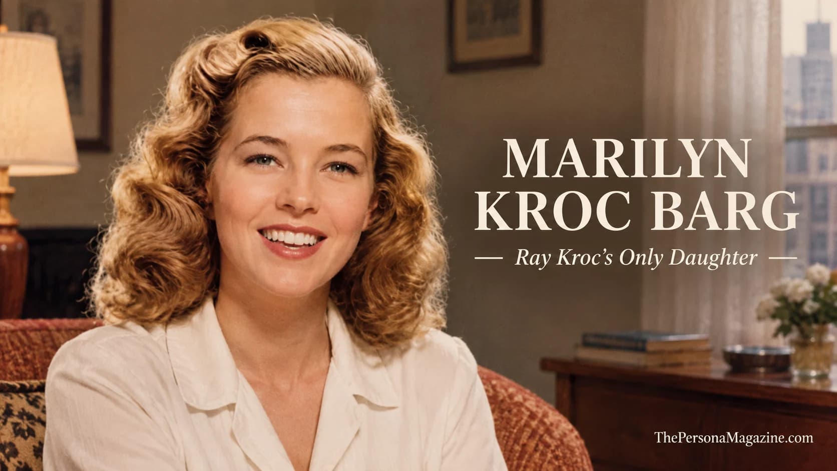 Marilyn Kroc Barg in a vintage-style portrait, featured in a biography about Ray Kroc’s only daughter, her marriage to James W. Barg, private family life, and connection to the McDonald’s founder.