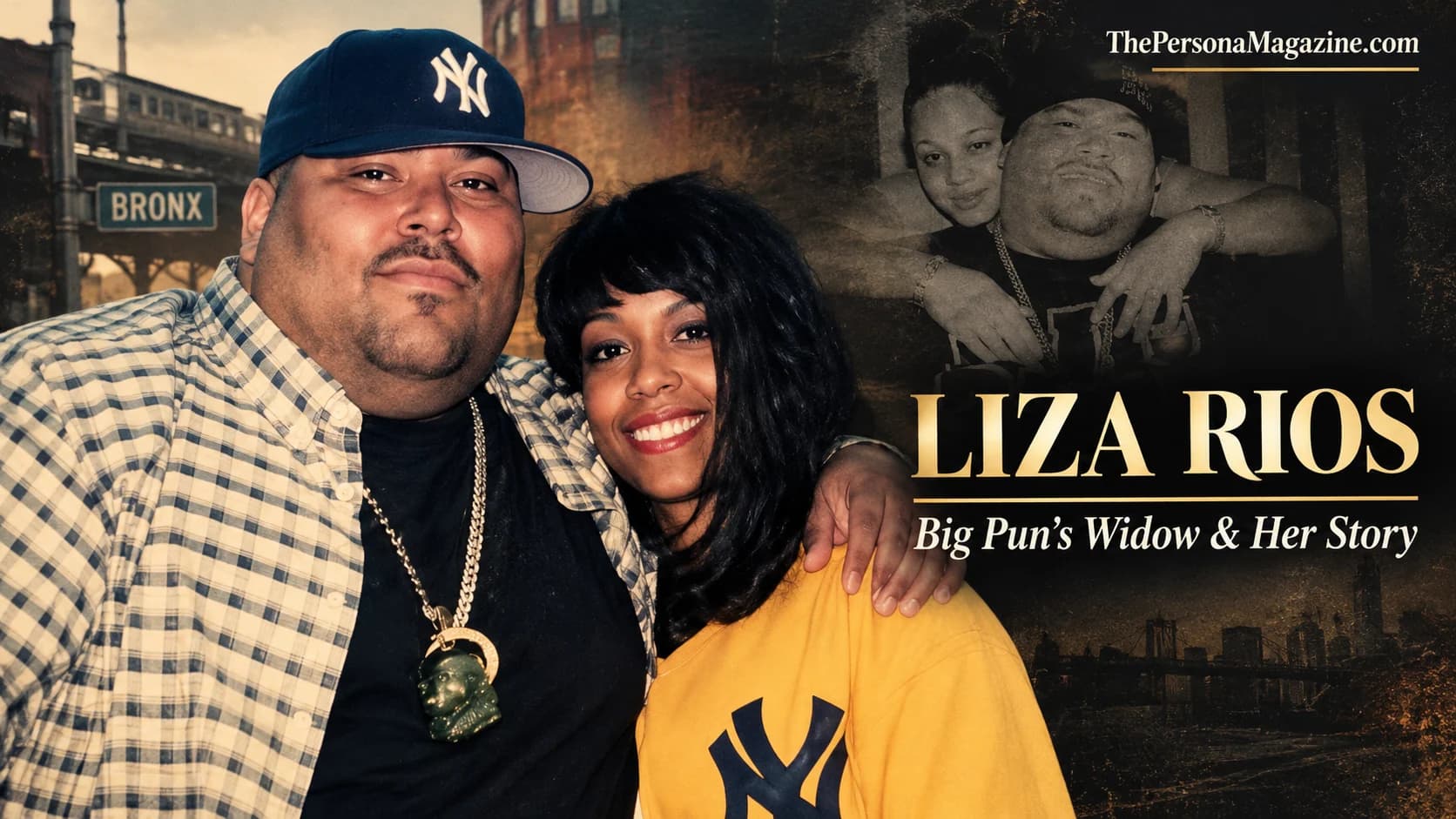 Liza Rios and rapper Big Pun together in a vintage-style portrait, featured in a biography about their marriage, three children, and the ongoing public dispute over his estate and music royalties.