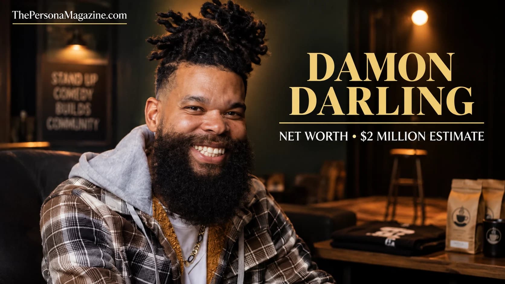 Damon Darling, the bearded stand-up comedian and social media creator, featured in a comedy club setting for a profile of his estimated $2 million net worth, touring career, merchandise, and Meemaw Fuel Coffee business.
