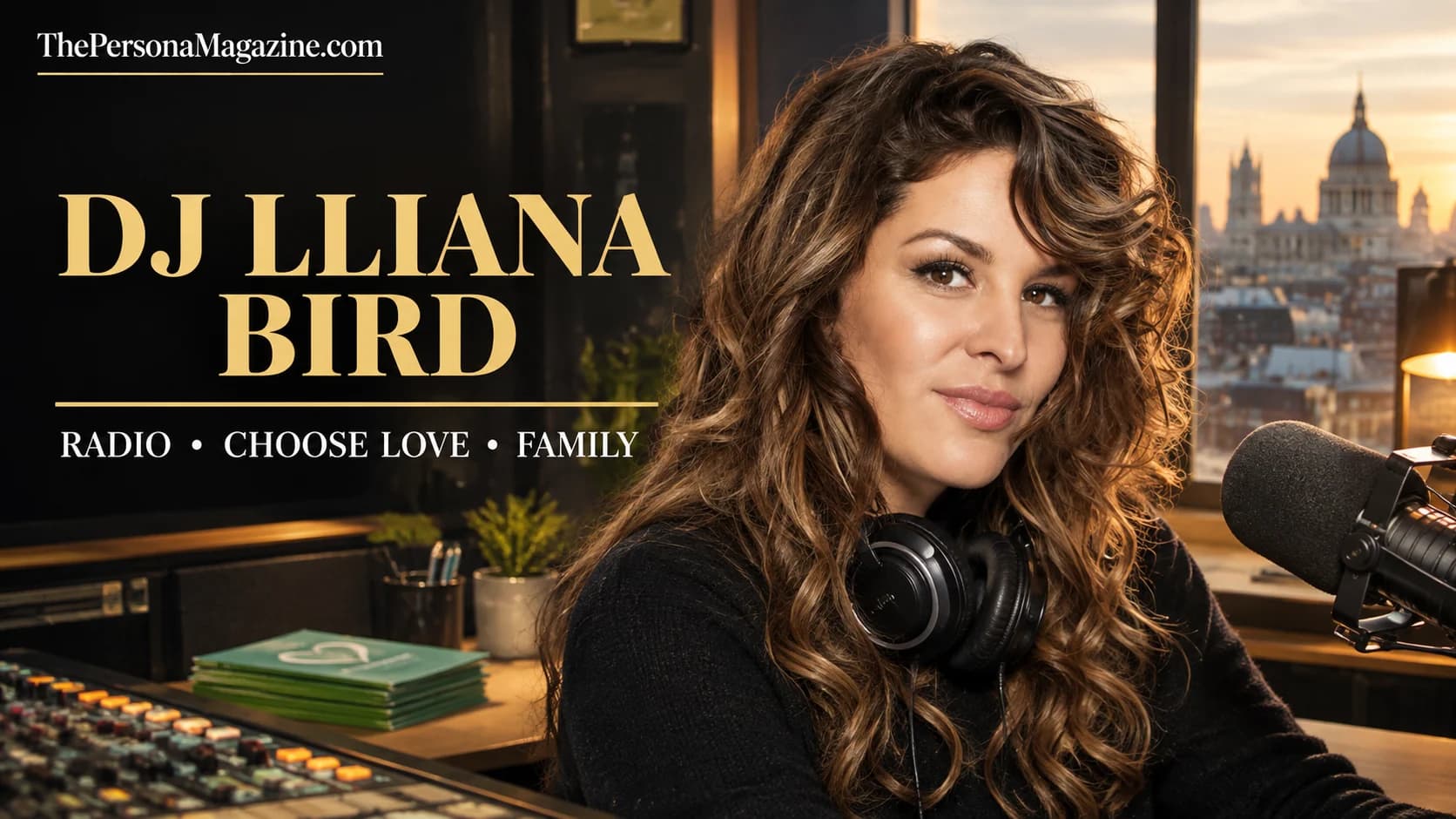DJ Lliana Bird featured in a warm, London-inspired radio studio with headphones and a broadcast microphone.