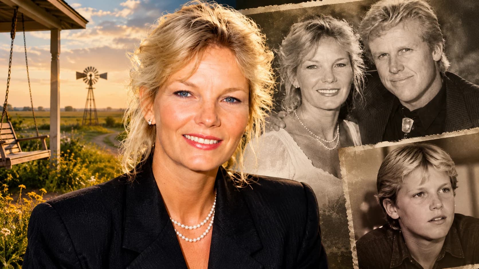 Judy Helkenberg portrait with Gary Busey and their son Jake Busey in a nostalgic biographical collage.