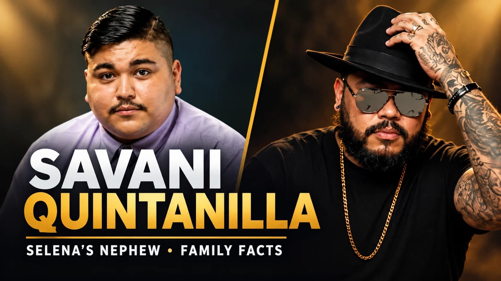 Savani Quintanilla featured in a split-portrait banner about his family background and connection to Selena.