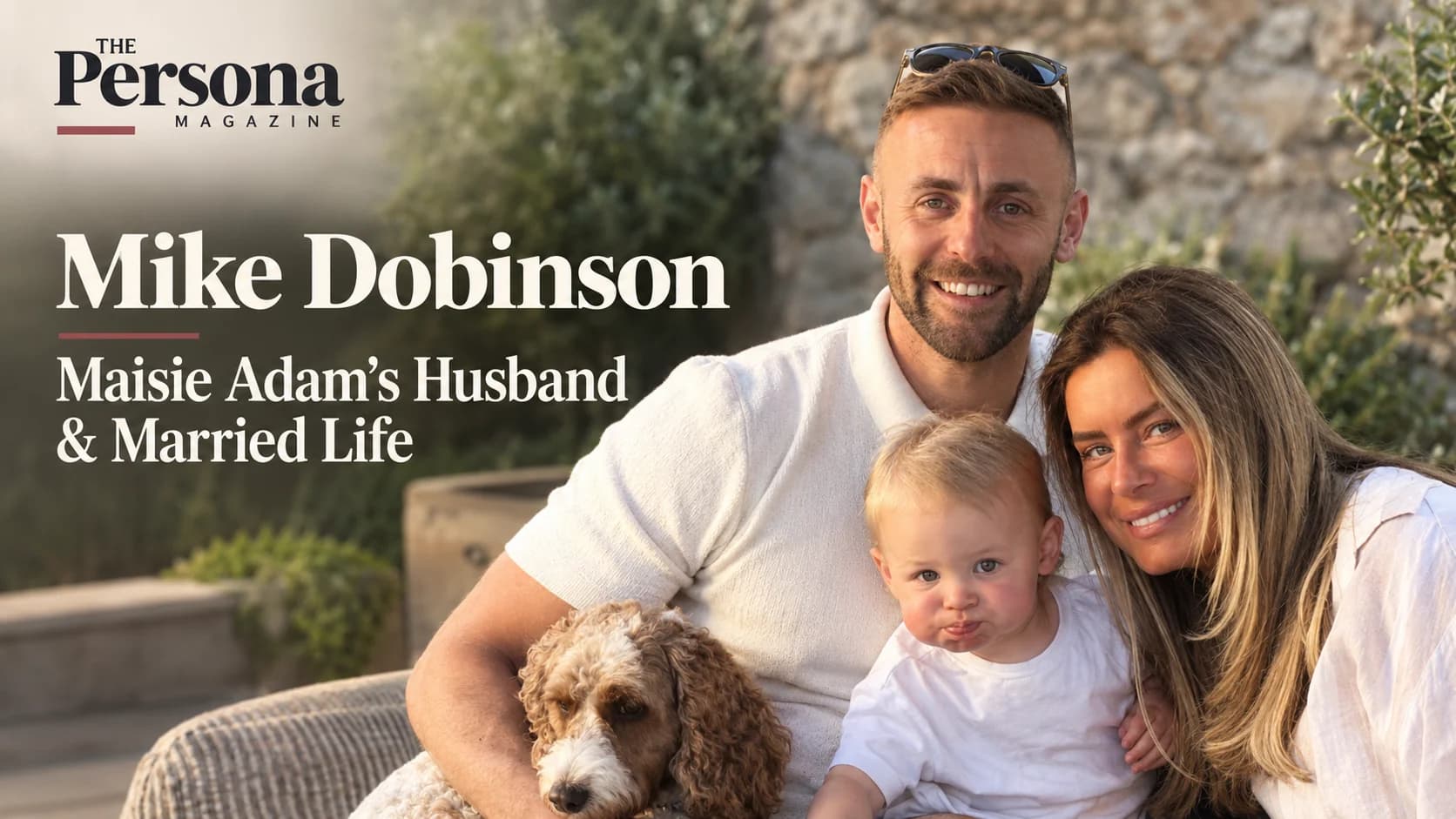 Mike Dobinson, husband of comedian Maisie Adam, pictured with his family in a relaxed outdoor portrait.