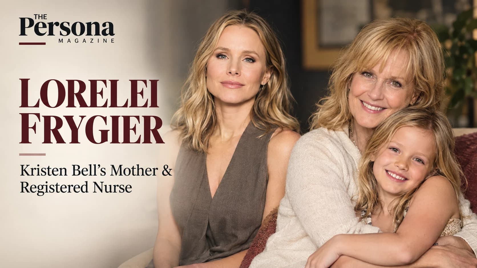 Lorelei Frygier, mother of Kristen Bell and registered nurse, featured in a family-themed editorial portrait.