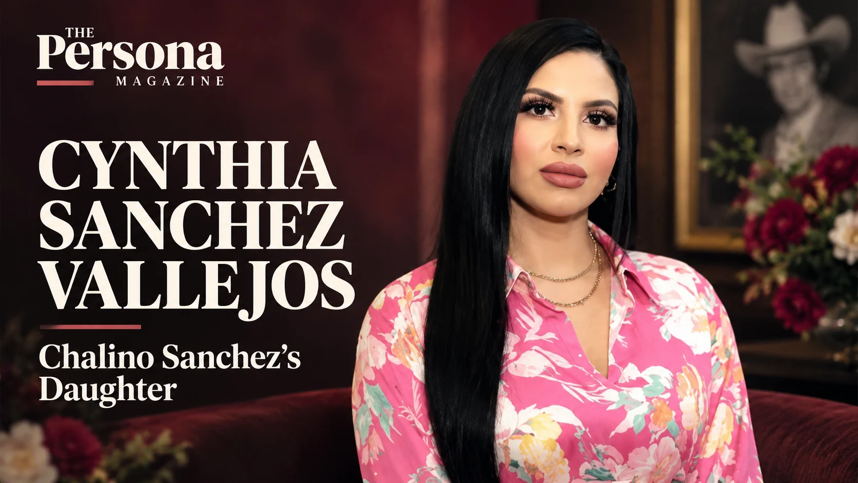 Cynthia Sanchez Vallejos, daughter of Mexican singer Chalino Sanchez, in a pink floral blouse.