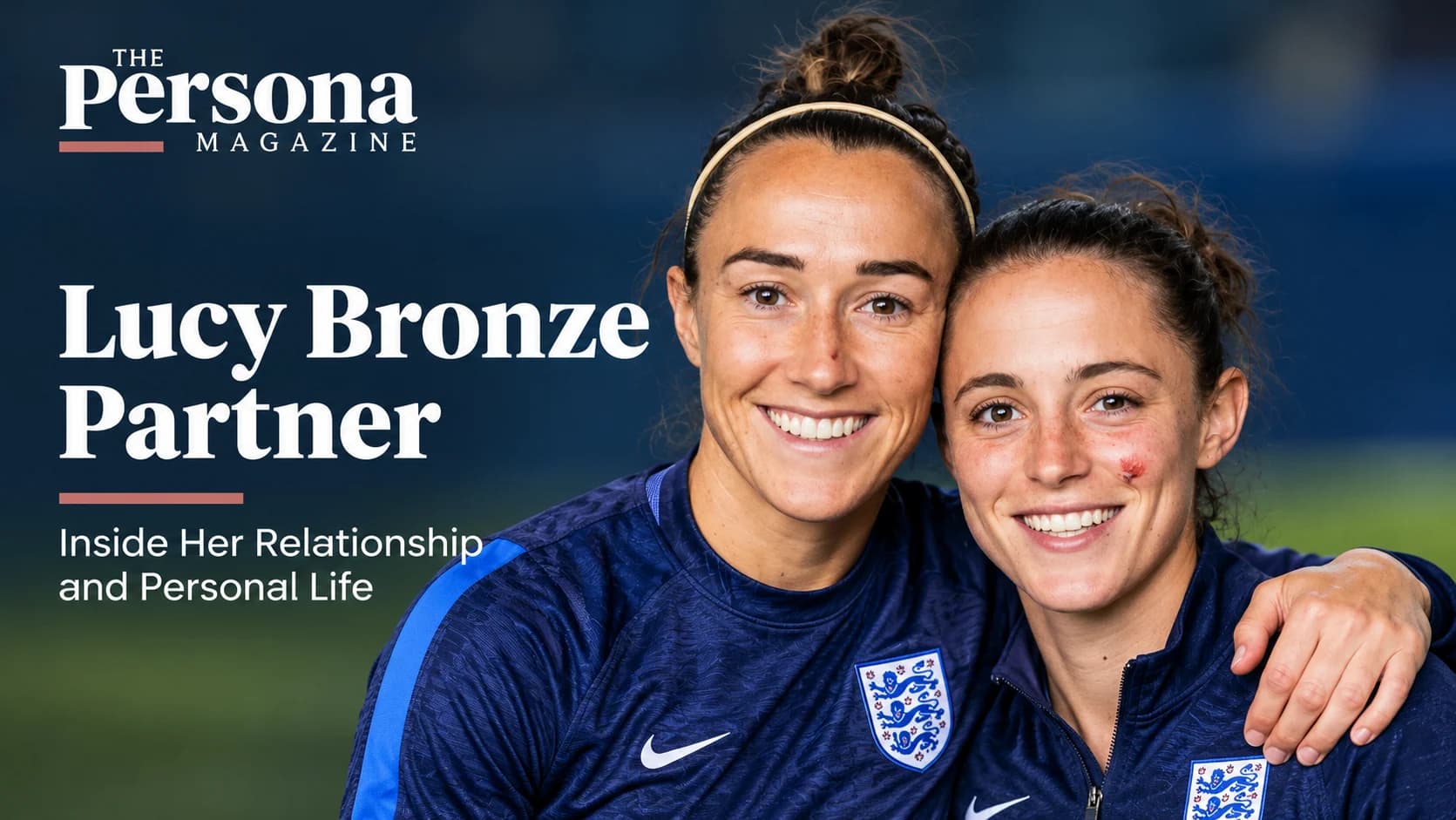 Lucy Bronze posing with her partner in a smiling portrait, featured in an article about the footballer's relationship and personal life.